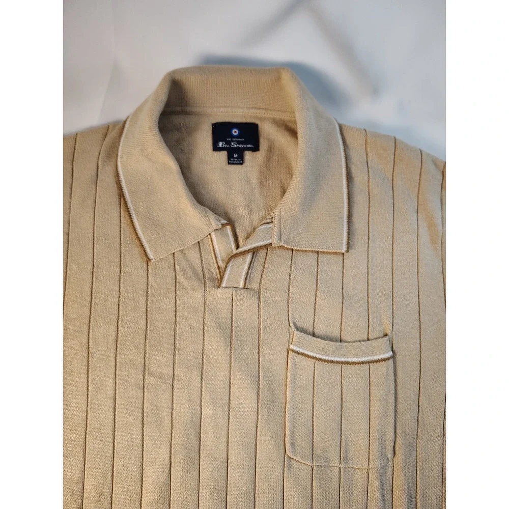 Ben Sherman Mens Tan Ribbed Knit Short Sleeve Polo Shirt V-Neck Size M Striped - Picture 2 of 9